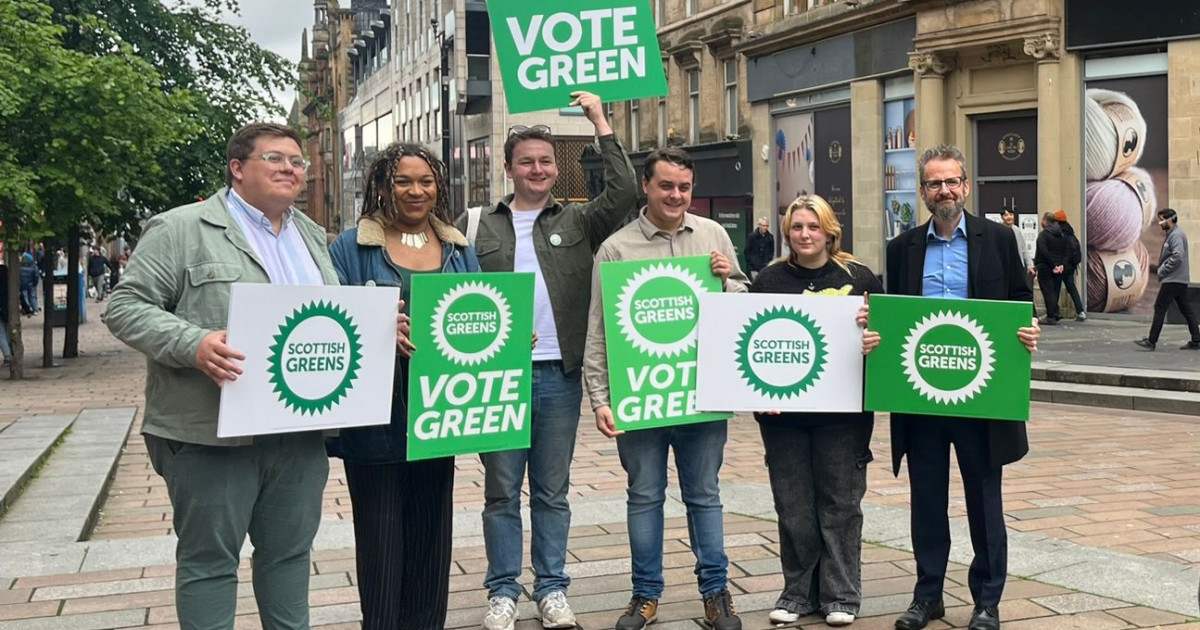 An image of the Glasgow Green General Election candidates on Buchanan Street. Credit: Derek Watson. An image of the Glasgow Green General Election candidates on Buchanan Street. Left to right: Niall Christie, Iris Duane, Ewan Lewis, John Hamelink, Amy Kettyles, Nick Quail. Credit: Derek Watson.